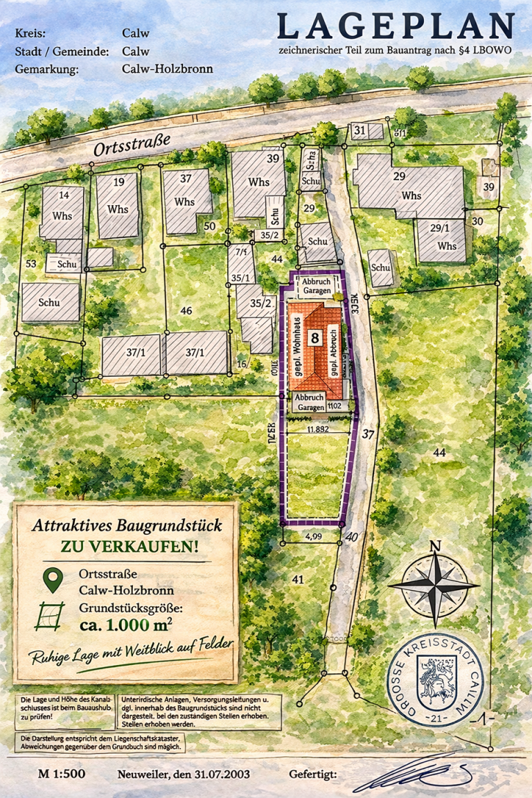 Lageplan Calw Wohngrundst�ck Exklusives Baugrundst�ck in Calw-Holzbronn mit Feldrandlage und genehmigter Projektierung